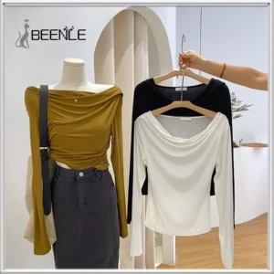 BEENLE 여성용 긴팔 티셔츠, 단색 오프 숄더 상의, 럭셔리 블라우스, 캐주얼 쉬폰 티셔츠, 한국 스타일 의류, 겨울