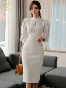 H Han Queen 여성용 펜슬 바디콘 드레스, 스탠드 칼라, 퍼프 슬리브, 슬림 단색, 미디 캐주얼 드레스, 가을 패션, 핫 세일