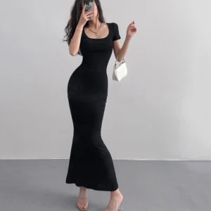 여성용 단색 슬림 롱 원피스, 반팔 스키니 바디콘 맥시 드레스, 스퀘어 칼라 파티 드레스, 2024 여름