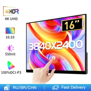 휴대용 16:10 여행 사무실 디스플레이, 휴대폰 노트북 스위치 Xbox용, 16 인치, 4K 터치 스크린, 100% DCI-P3, 550nit, 3840×2400