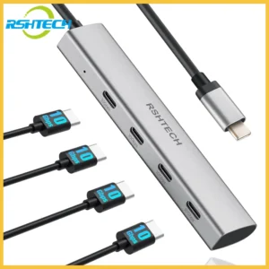 RSHTECH 맥북 노트북용 USB C 허브, 휴대용 분배기, 알루미늄 USB C타입-USB C 어댑터, 10Gbps 4 포트 USB 3.1/3.2 Gen2 허브