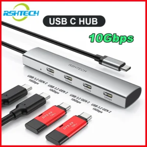RSHTECH 맥북 노트북용 USB 허브 휴대용 분배기 알루미늄 USB C타입-USB C 어댑터 10Gbps 4 포트 USB
