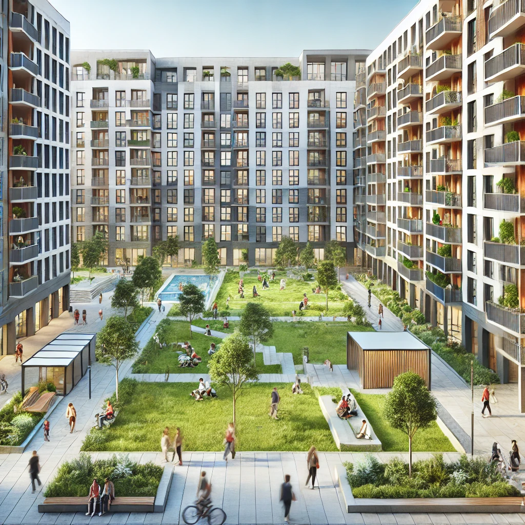 20대 청년들을 위한 2024년 유용한 정책 안내 2 DALL·E 2024 07 23 02.43.07 Create a realistic photo of a modern public housing complex with multiple buildings. The scene includes green spaces walkways and young people walki 1