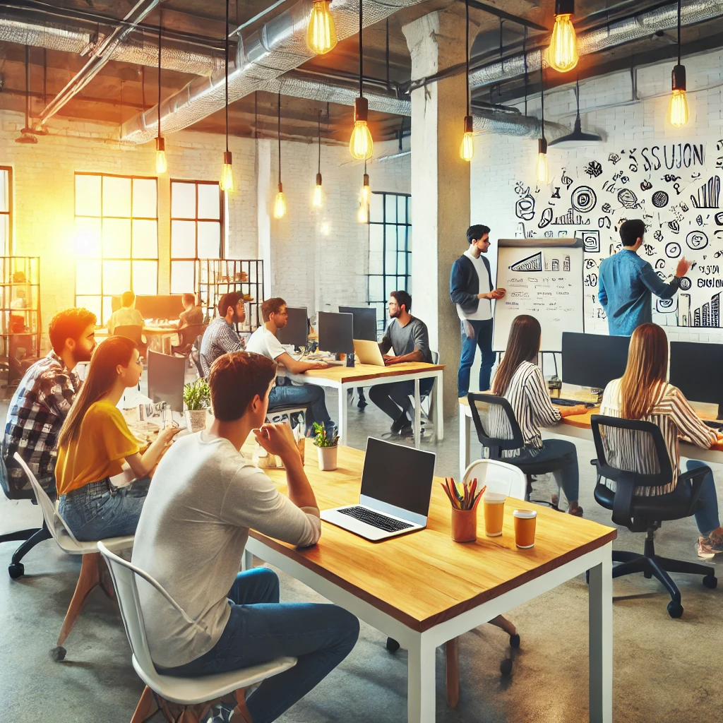 20대 청년들을 위한 2024년 유용한 정책 안내 4 DALL·E 2024 07 23 02.43.10 Create a realistic photo of a startup incubator space with young entrepreneurs working at their desks. The environment is vibrant and collaborative w 1