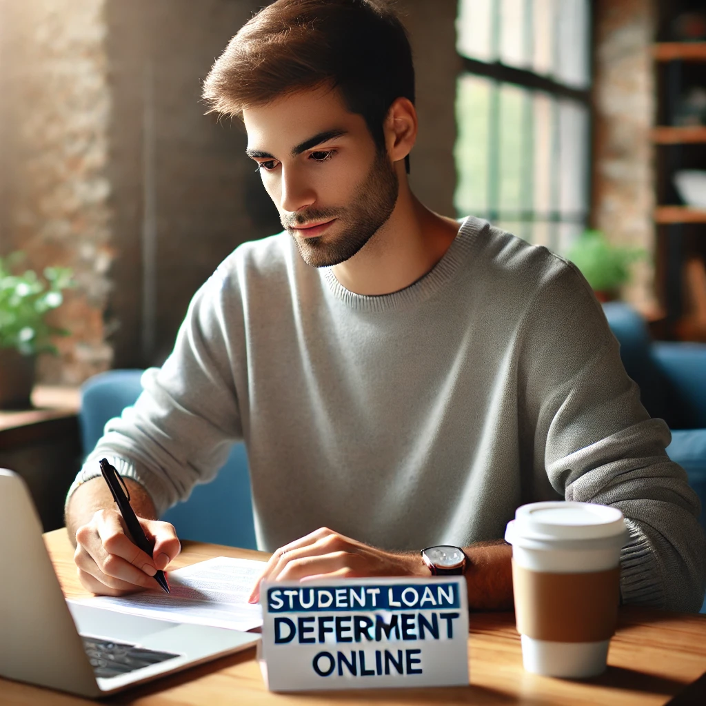 20대 청년들을 위한 2024년 유용한 정책 안내 5 DALL·E 2024 07 23 02.43.12 Create a realistic photo of a university student in a casual setting sitting at a desk with paperwork and a laptop applying for student loan deferme 2