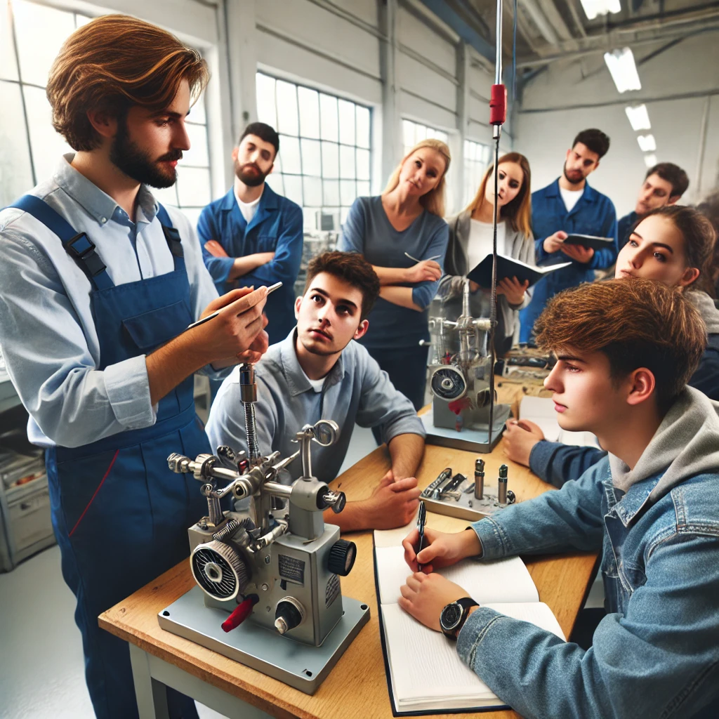 20대 청년들을 위한 2024년 유용한 정책 안내 6 DALL·E 2024 07 23 02.43.13 Create a realistic photo of a vocational training classroom with young adults learning new skills. The instructor is demonstrating a technical skill a 2