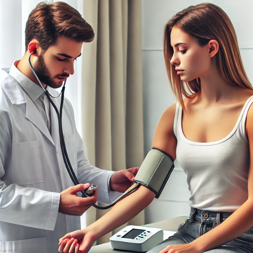 20대 청년들을 위한 2024년 유용한 정책 안내 7 DALL·E 2024 07 23 02.43.14 Create a realistic photo of a young adult getting a health check up at a modern clinic. The doctor is checking the patients blood pressure in a well 1 1
