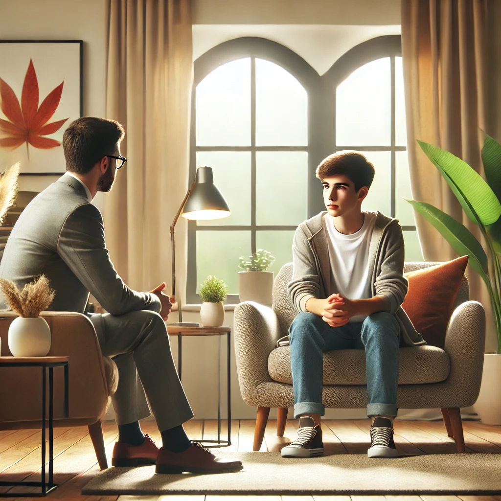 20대 청년들을 위한 2024년 유용한 정책 안내 8 DALL·E 2024 07 23 02.43.15 Create a realistic photo of a young person in a comfortable setting talking to a professional counselor. The room has soft lighting comfortable seat 1
