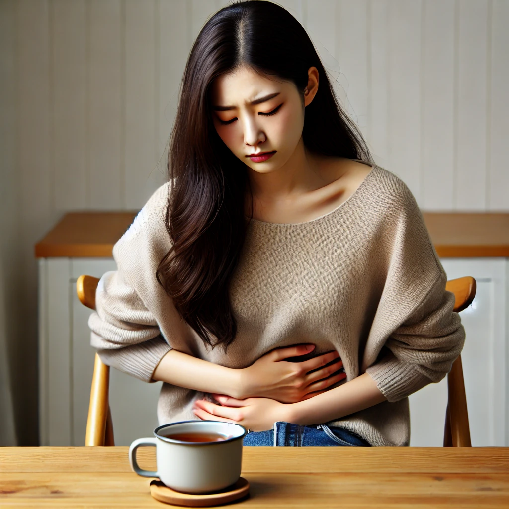탈모 예방에 좋다는 하수오 먹는 법 | 효능 극대화하는 3가지 복용 방법은? 5 DALL·E 2025 02 04 23.02.44 A young Korean woman sitting at a table holding her stomach in discomfort with a cup of herbal tea in front of her. She looks slightly unwell empha