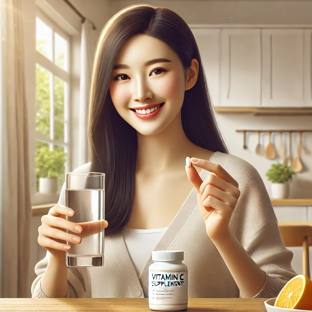 감기 예방을 위한 3가지 영양제 최강 조합= 비타민C+프로폴리스+아연? 10 DALL·E 2025 02 05 23.24.27 A young East Asian woman in a cozy kitchen holding a glass of water and taking a vitamin C supplement. She is smiling confidently looking healthy an 1