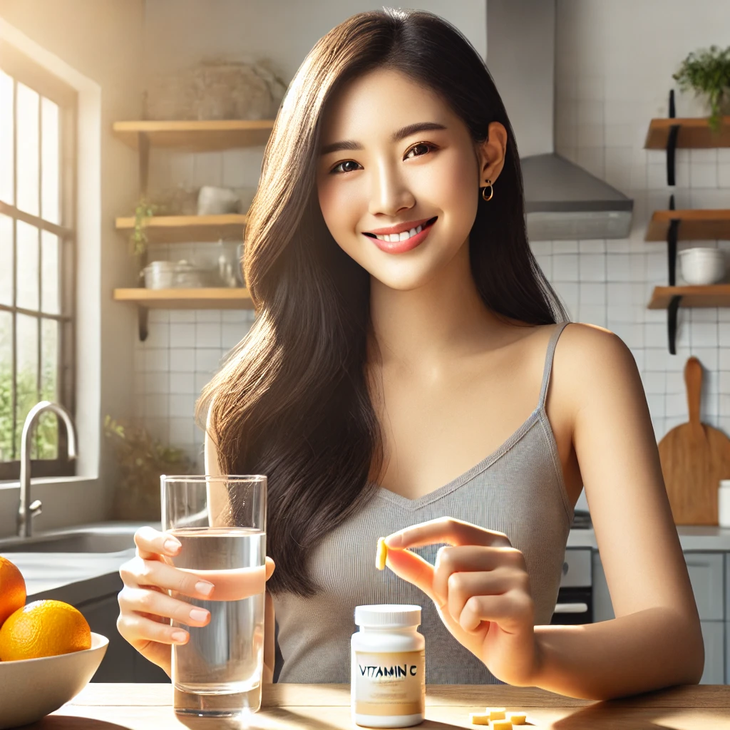 감기 예방을 위한 3가지 영양제 최강 조합= 비타민C+프로폴리스+아연? 5 DALL·E 2025 02 05 23.24.29 A young East Asian woman in a cozy kitchen holding a glass of water and taking a vitamin C supplement. She is smiling confidently looking healthy an