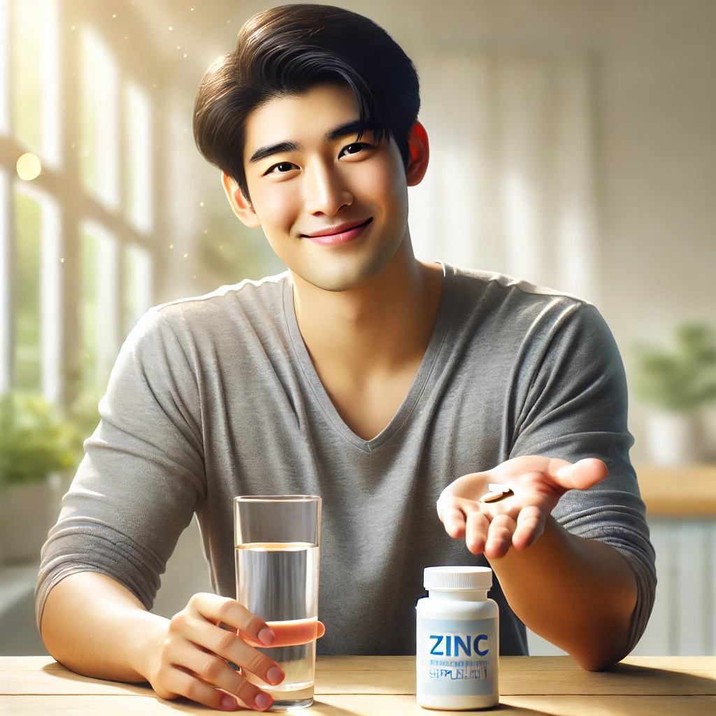 감기 예방을 위한 3가지 영양제 최강 조합= 비타민C+프로폴리스+아연? 9 DALL·E 2025 02 05 23.32.44 A young East Asian man sitting at a bright kitchen table holding a glass of water in one hand and an open palm with a zinc supplement in the other. H