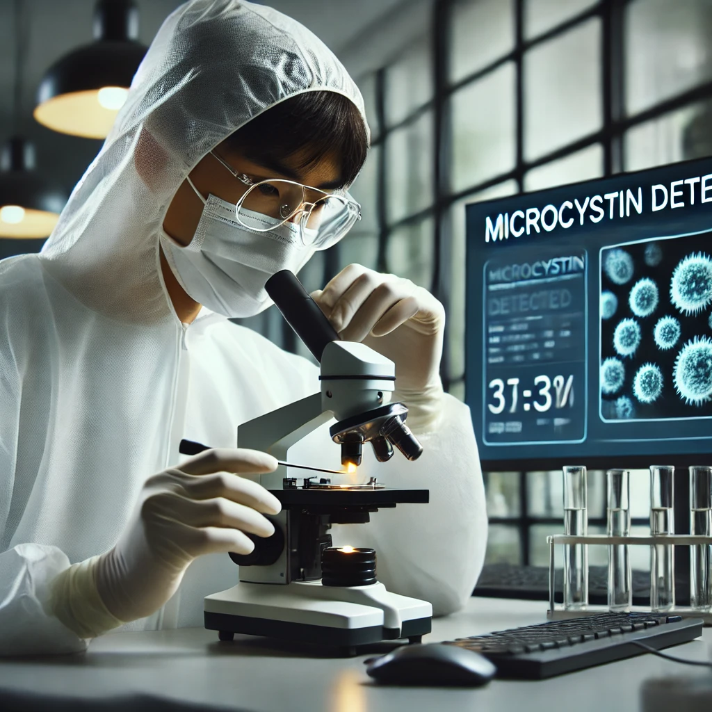 낙동강 녹조 독소, 공기 중 전파? 부산 시민 건강 위협 & 대처법 총정리 3 DALL·E 2025 02 07 17.06.02 A scientist in a modern laboratory wearing protective gloves and a white lab coat carefully examining a nasal swab sample under a high tech microscop