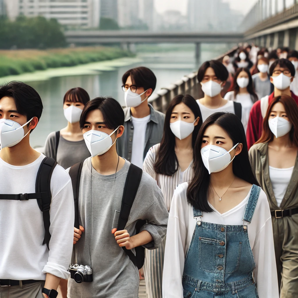 낙동강 녹조 독소, 공기 중 전파? 부산 시민 건강 위협 & 대처법 총정리 5 DALL·E 2025 02 07 17.07.21 A diverse group of East Asian people walking outdoors near a river all wearing white KF94 masks. They appear concerned yet cautious with some indivi