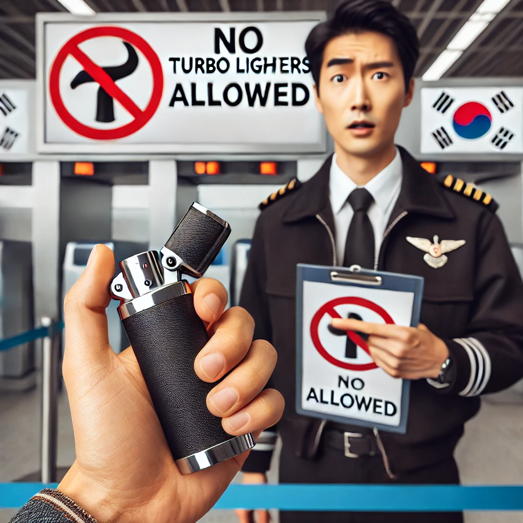 여행 전 필독! 보조배터리·전자담배·라이터, 비행기 반입 가능/금지 물품 총정리 7 DALL·E 2025 02 08 20.54.05 A close up of a hand holding a turbo lighter at an airport with a security officer shaking their head and pointing to a ‘No Turbo Lighters Allowed s 1