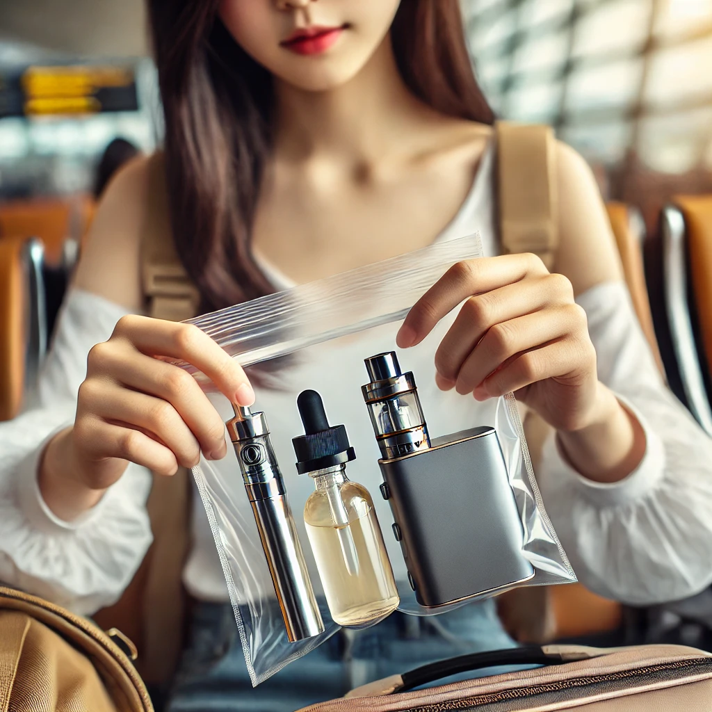 여행 전 필독! 보조배터리·전자담배·라이터, 비행기 반입 가능/금지 물품 총정리 3 DALL·E 2025 02 08 21.12.10 A close up of a travelers hands an attractive young Korean woman holding an electronic cigarette and a small bottle of e liquid under 100ml at an