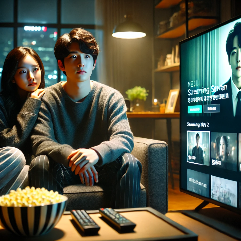 월 4000원? 티빙 광고형 스탠다드 요금제, 넷플릭스와 차이점은? 5 DALL·E 2025 02 09 02.21.16 A young Korean couple sitting on a couch in a modern Seoul apartment watching TV together at night. The screen shows a streaming service interface wi 1