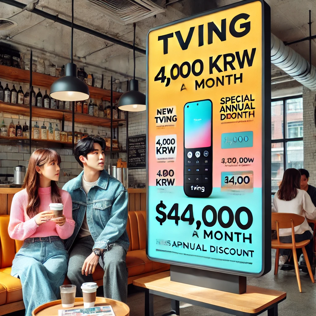 월 4000원? 티빙 광고형 스탠다드 요금제, 넷플릭스와 차이점은? 3 DALL·E 2025 02 09 02.21.20 A modern promotional poster for TVINGs new subscription plan displayed on a digital screen in a trendy Korean cafe. The screen prominently highlights 1
