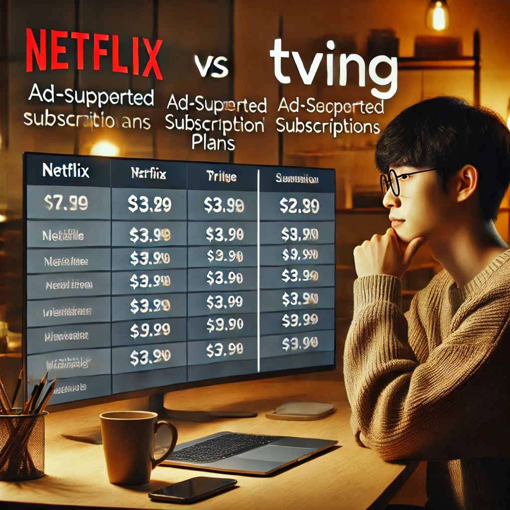 월 4000원? 티빙 광고형 스탠다드 요금제, 넷플릭스와 차이점은? 4 DALL·E 2025 02 09 02.21.27 A split screen digital comparison of Netflix and TVINGs ad supported subscription plans displayed on a laptop screen. On the left side Netflixs pri