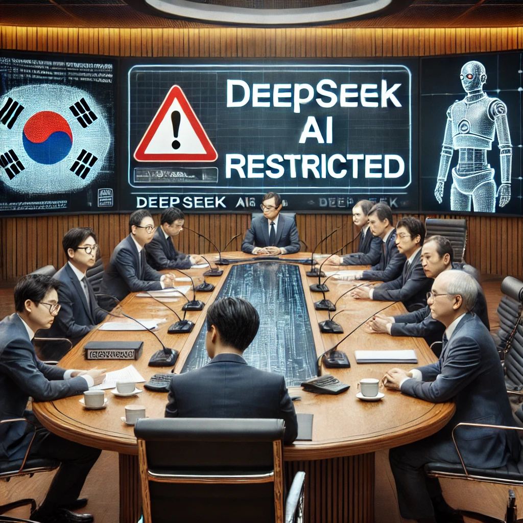 딥시크 개인정보 유출 우려, 이용자 69% 이탈! 정부·기업 규제로 퇴출 위기? 7 DALL·E 2025 02 10 17.03.42 A modern government office conference room with high ranking officials sitting at a large table reviewing security documents and discussing AI regula 3
