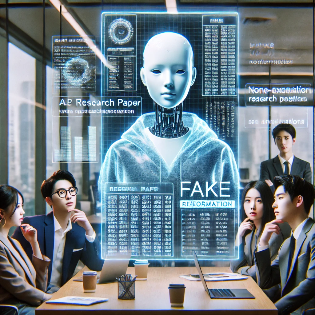AI 환각률 0%대! 추론 능력 대폭 강화, 얼마나 정확해졌을까? 2 DALL·E 2025 02 10 19.49.39 A futuristic AI chatbot with a glitching holographic screen displaying fake information. The screen shows a mix of real and fictional data such as a 1 2