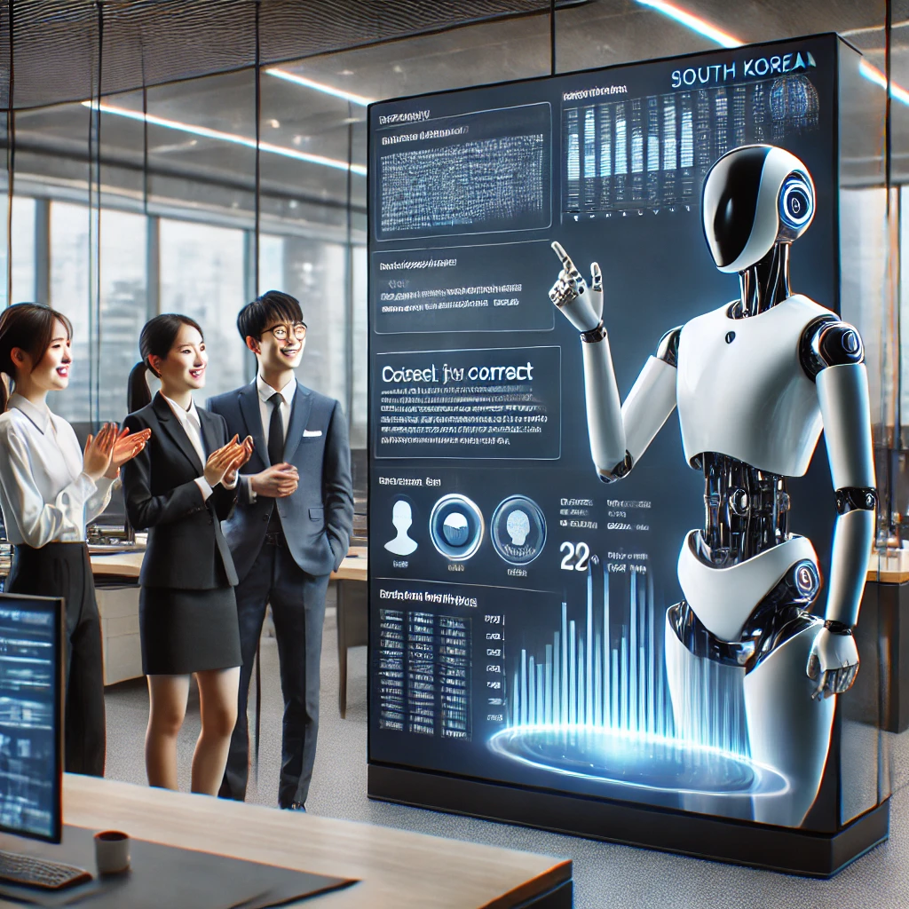 AI 환각률 0%대! 추론 능력 대폭 강화, 얼마나 정확해졌을까? 4 DALL·E 2025 02 10 19.49.44 A futuristic AI assistant in a professional South Korean office environment confidently providing a correct and well structured response on a large i