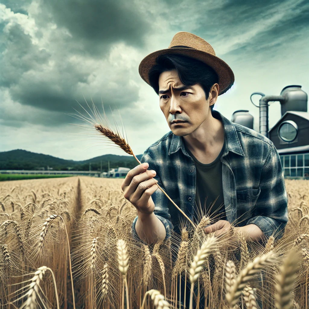 밀 공공비축 단가 11% 인하… 국내 밀농가 소득, 정말 괜찮을까? 3 DALL·E 2025 02 14 00.30.34 A stock style image of a Korean wheat farm affected by extreme weather conditions. The sky is overcast and some wheat plants are visibly damaged sym