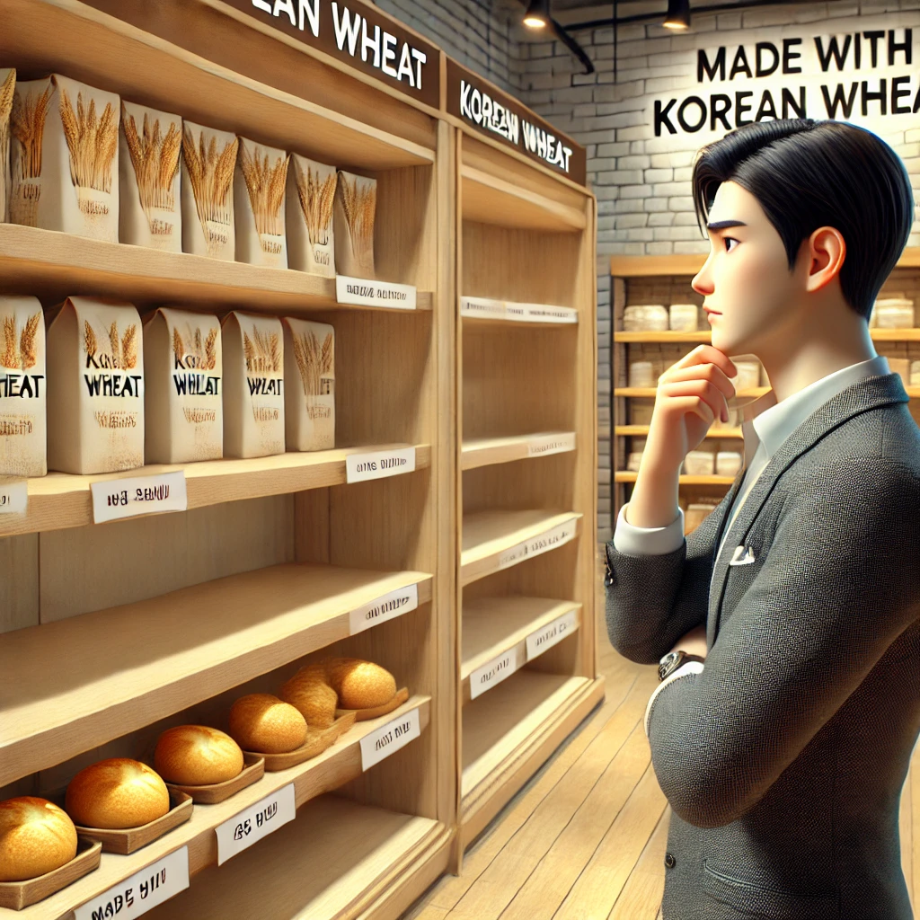 밀 공공비축 단가 11% 인하… 국내 밀농가 소득, 정말 괜찮을까? 4 DALL·E 2025 02 14 00.32.14 A realistic image of an empty bakery shelf labeled Made with Korean Wheat suggesting limited availability. Nearby a shelf filled with products mad