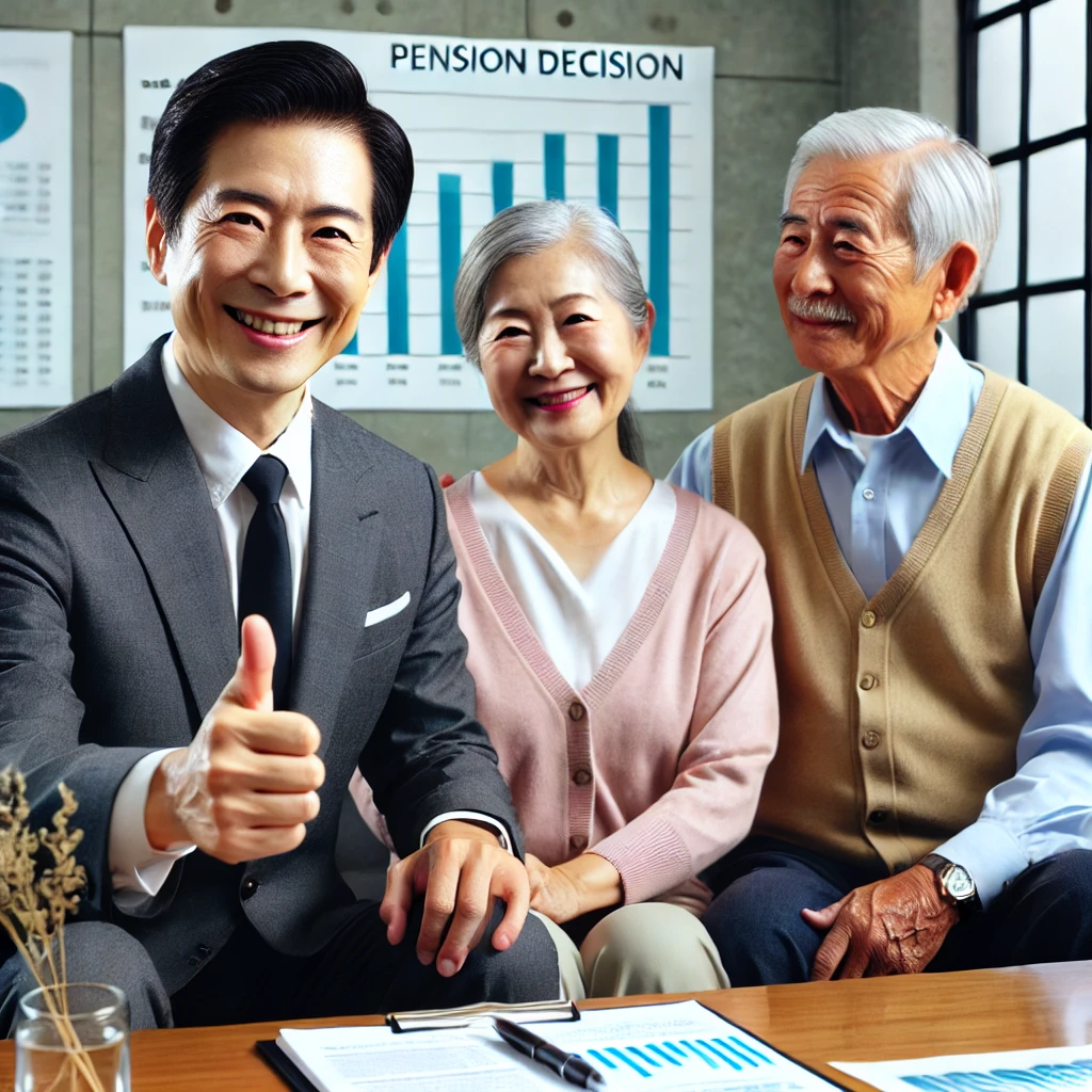 국민연금 개혁, 추납하는 것이 유리할까? 보험료율 & 연금 수령액 비교 5 DALL·E 2025 02 15 21.27.36 A financial advisor giving a thumbs up to a smiling elderly Korean couple suggesting they have made a well informed pension decision. The background 1 1