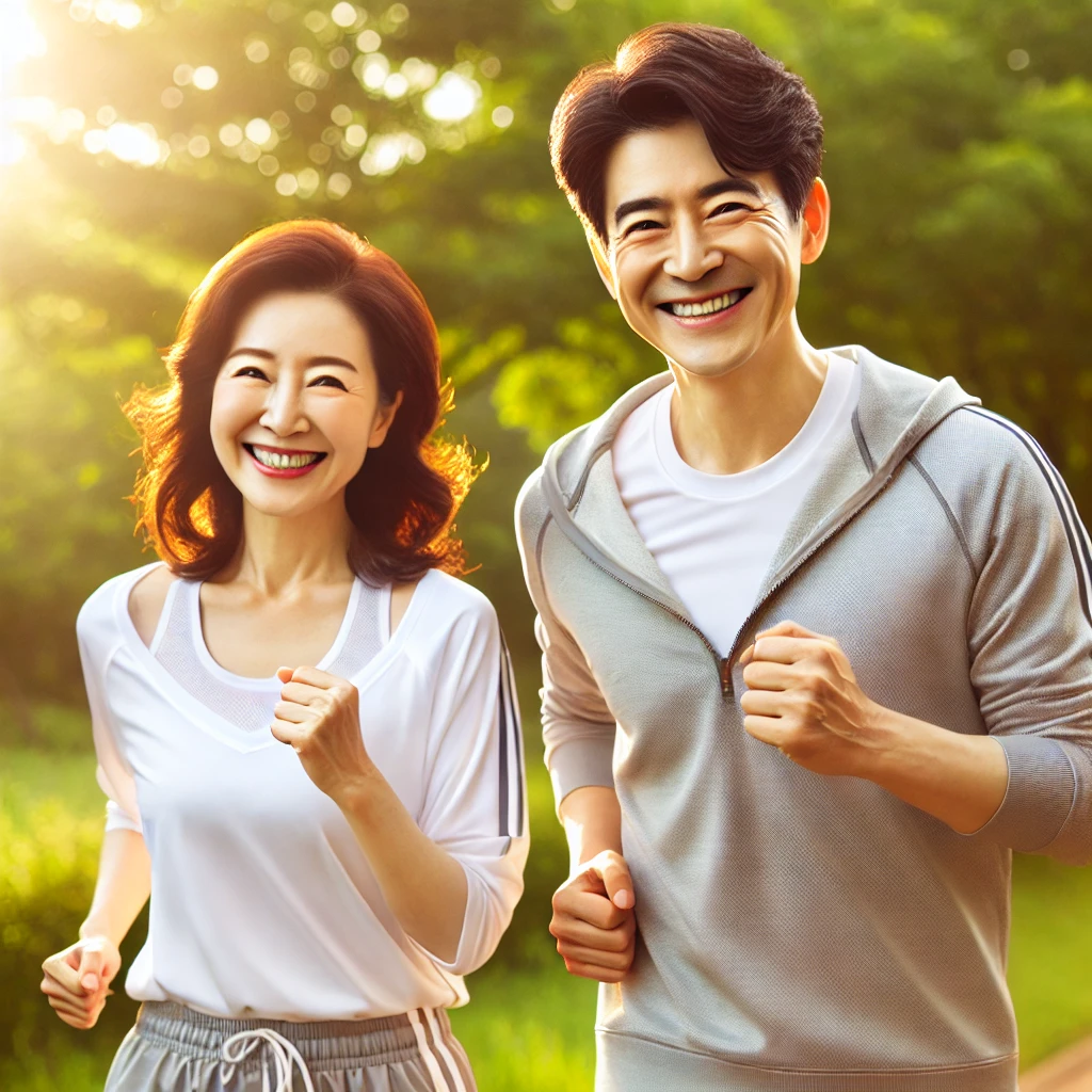 대상포진 신경통, 치료 늦으면 평생 통증? 72시간 내에 꼭 해야 할 대처법 6 DALL·E 2025 02 18 17.51.06 A bright stock style image of a middle aged Korean couple jogging in a park during early morning. They are smiling and appear energetic wearing comf