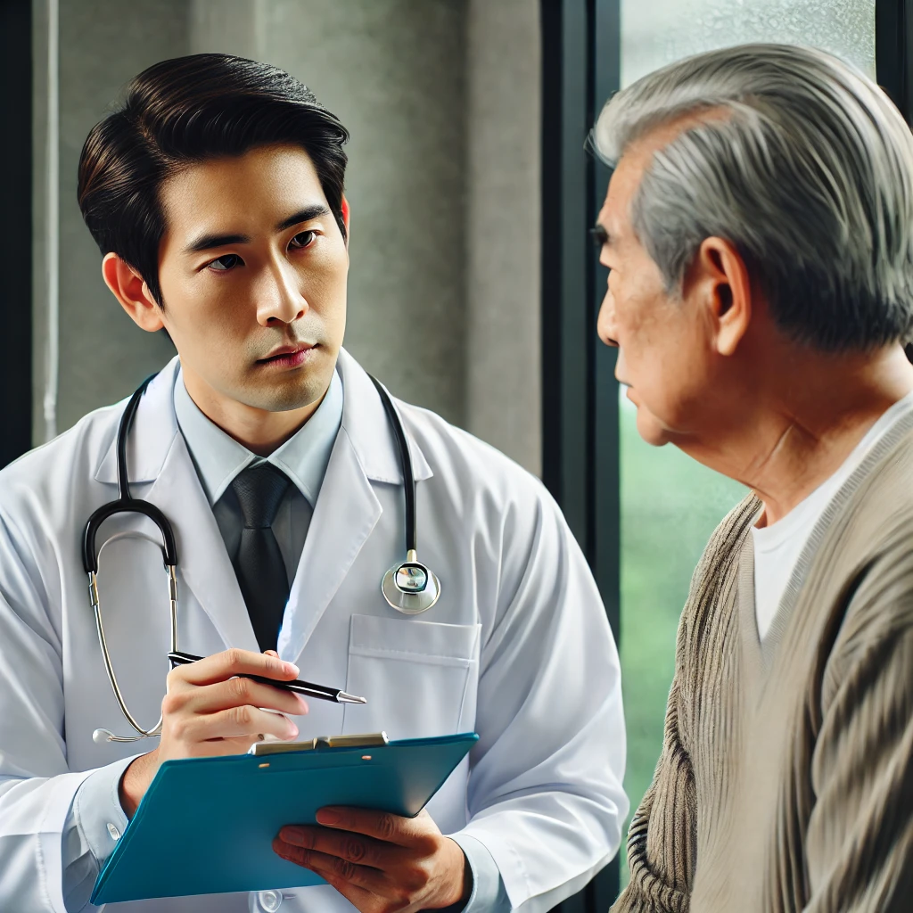 대상포진 신경통, 치료 늦으면 평생 통증? 72시간 내에 꼭 해야 할 대처법 4 DALL·E 2025 02 18 17.51.11 A realistic stock style image of a doctor in a white coat explaining a treatment plan to a patient. The doctor is holding a clipboard and the patient 1