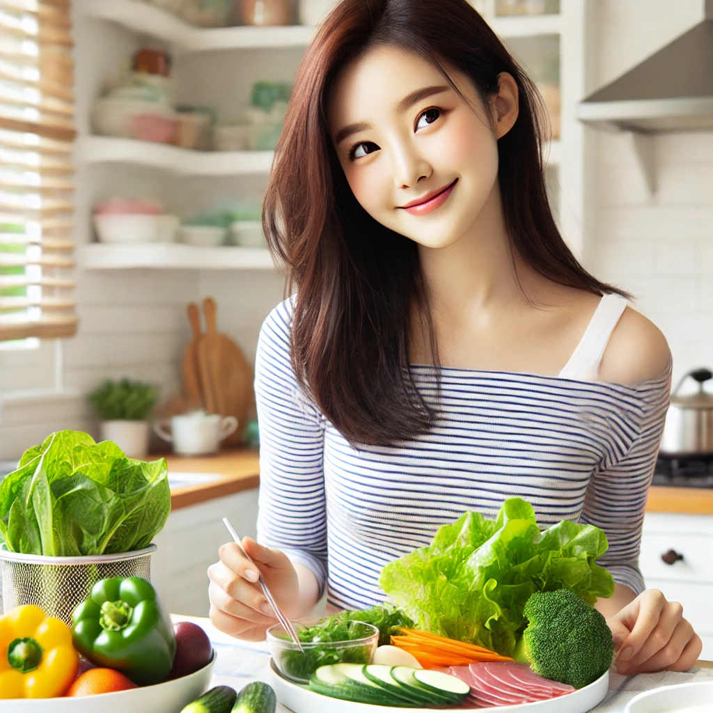유방암 초기증상 7가지, 자가검진으로 미리 발견하는 법 4 DALL·E 2025 02 21 20.53.33 A young Korean woman at home preparing a healthy meal with fresh vegetables fruits and lean protein. She looks happy and focused while cooking. The