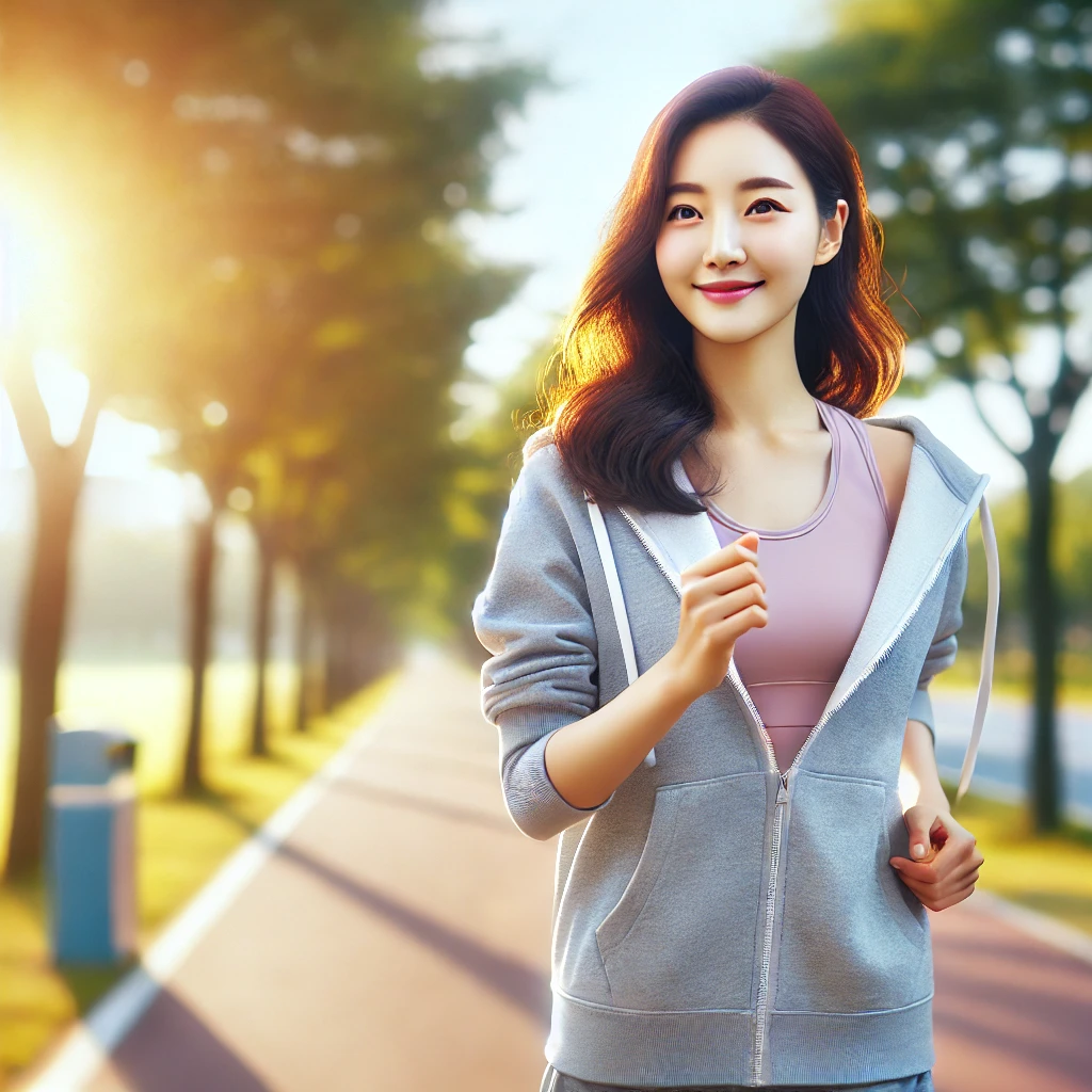 유방암 초기증상 7가지, 자가검진으로 미리 발견하는 법 5 DALL·E 2025 02 21 20.53.35 A Korean woman in her 30s jogging in a park during the morning wearing comfortable sportswear. She looks energetic and healthy. The background is a s